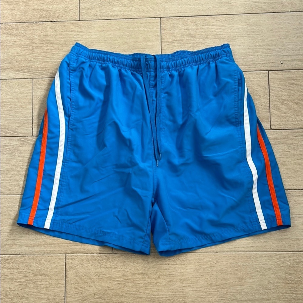 Men’s Blue Swim Trunks with Sporty White and Orange Stripes Pockets for Summer